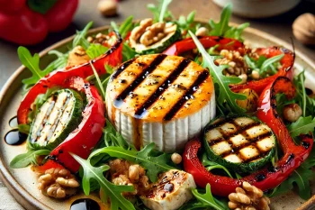 BBQ grillezett kecskesajtos saláta tálalva