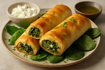 Friss börek spenóttal tálalva