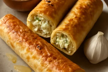 Friss börek túróval és fokhagymával tálalva