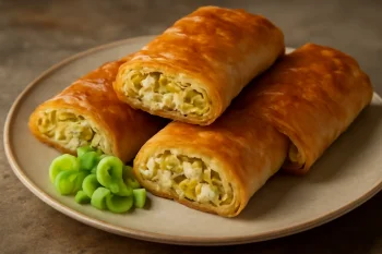 Friss börek túróval és póréhagymával tálalva