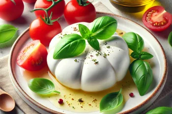 Burrata bazsalikommal friss zöldségekkel és olívaolajjal tálalva.