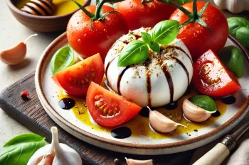 Burrata fokhagymával friss paradicsommal és salátával tálalva.