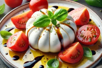 Burrata olívaolajjal friss paradicsommal és salátával tálalva.