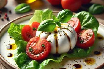Burrata paradicsommal friss zöldségekkel és olívaolajjal tálalva.