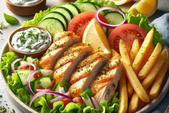 Citromos-oregánós gyros tál sült csirkével, krumplival, friss salátával és citromos tzatzikivel