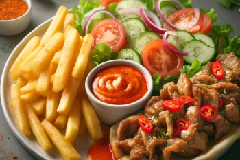 Csípős gyros tál sült hússal, zöldségekkel és chili-s szósszal