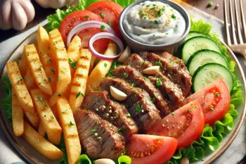 Fokhagymás gyros tál sült csirkével, friss zöldségekkel és fokhagymás tzatzikivel
