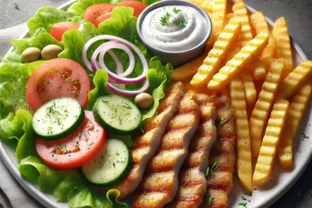 Gyros tál csirkével, sült krumplival és friss salátával