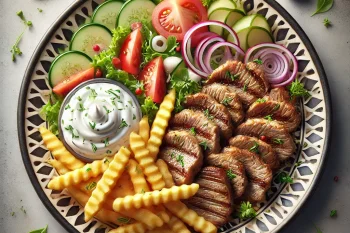 Gyros tányér színesen tálalva hússal, sült krumplival és friss zöldségekkel