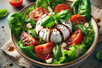 Klasszikus burrata saláta friss paradicsommal, olívaolajjal és bazsalikommal tálalva.