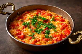 Klasszikus Menemen török reggeli tojással, paprikával és paradicsommal