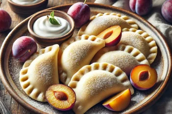 Lengyel szilvás pierogi porcukorral és tejföllel tálalva