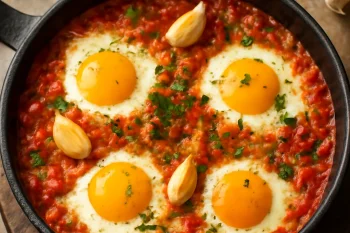 Klasszikus Menemen fokhagymával török reggeli tojással, paprikával és paradicsommal