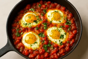 Klasszikus Menemen fűszeres olívaolajjal török reggeli tojással, paprikával és paradicsommal