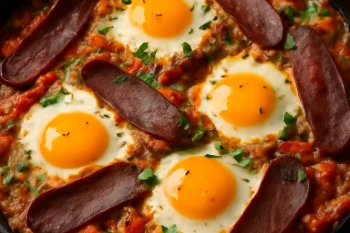 Klasszikus Menemen pastirmával török reggeli tojással, paprikával és paradicsommal