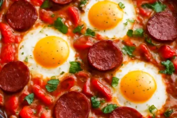 Klasszikus Menemen sucukkal török reggeli tojással, paprikával és paradicsommal