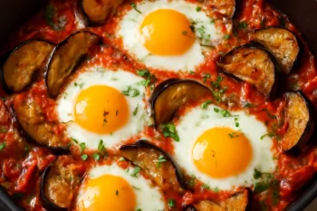 Klasszikus Menemen sült padlizsánnal török reggeli tojással, paprikával és paradicsommal