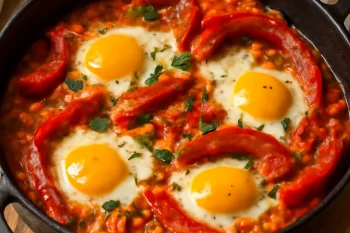 Klasszikus Menemen sült paprikával török reggeli tojással, paprikával és paradicsommal