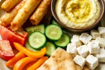 Friss meze tál börekkel, hummusszal, fetasajttal és zöldségekkel tálalva