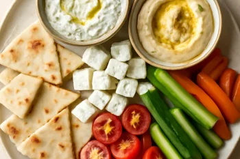 Friss meze tál cacikkal, hummusszal, fetasajttal és zöldségekkel tálalva