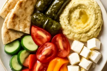 Friss meze tál dolmával, hummusszal, fetasajttal és zöldségekkel tálalva