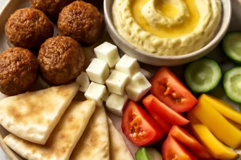 Friss meze tál falafellel, hummusszal, fetasajttal és zöldségekkel tálalva