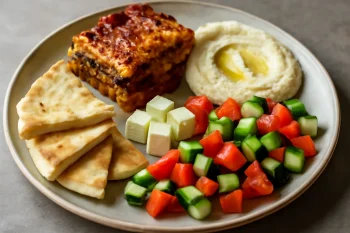 Friss meze tál rakott padlizsánnal, hummusszal, fetasajttal és zöldségekkel tálalva