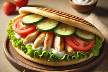 Töltött pita szendvics grillezett csirkével és friss zöldségekkel