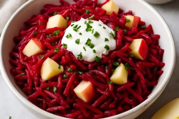 Prebiotikus céklás-almás saláta tálalva reszelt céklával, almával és joghurttal