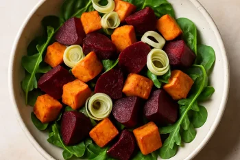Sült céklás és édesburgonyás saláta rukkolával és póréhagymakarikákkal tálalva