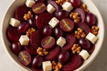 Prebiotikus céklás-szőlős saláta feta sajttal és pirított dióval tálalva