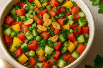 Színes zöldséges salsza tálban, pirított fokhagymával megszórva