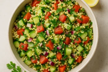 Prebiotikus fűszeres köles saláta tálalva friss zöldségekkel és petrezselyemmel