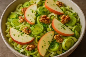 Póréhagymás-almasaláta dióval megszórva, kerámia tálban tálalva