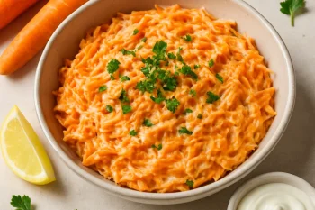 Prebiotikus sárgarépa-saláta joghurttal tálalva, reszelt sárgarépával és friss petrezselyemmel