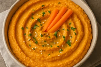 Sárgarépás humusz tálalva kerámia tálban, olívaolajjal meglocsolva, szezámmaggal és petrezselyemmel megszórva