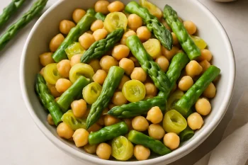 Friss spárgás csicseriborsó saláta tálalva, zöld és sárga színekben, világos tálban
