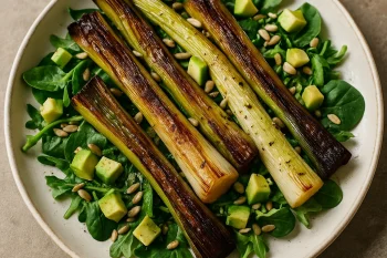 Sült póréhagyma saláta rukkolával, avokádóval és pirított magvakkal tálalva