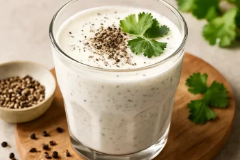 Krémes kefires ital pohárban, tetején frissen őrölt fekete borssal