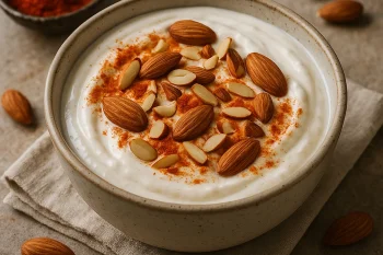 Probiotikus joghurt mandulával és paprikával megszórva tálalva