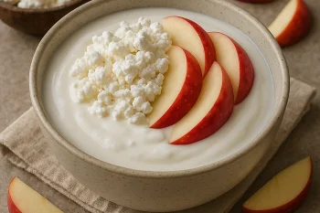 Probiotikus túrós kefir almaszeletekkel tálalva