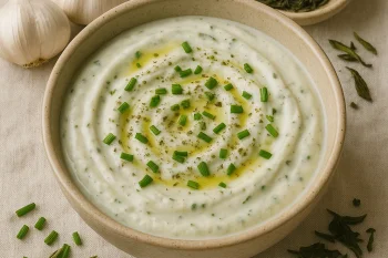 Krémes joghurt zöld teával, fokhagymával és snidlinggel, olívaolajjal meglocsolva