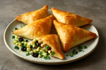 Sambousek póréhagymával, feta sajttal és olivabogyóval töltve, aranybarna tésztában