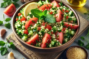 Tabbouleh fokhagymával friss zöldségekkel és bulgurral tálalva
