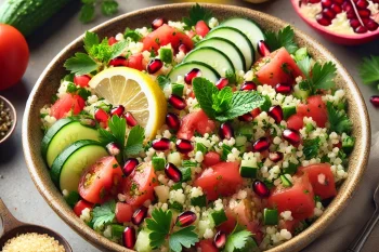 Tabbouleh gránátalmával friss zöldségekkel és bulgurral tálalva