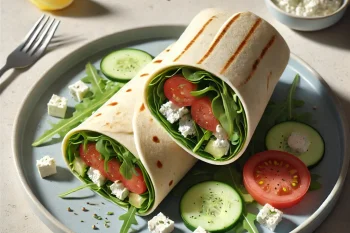 Friss wrap saláta feta sajttal, rukkolával, uborkával és paradicsommal tálalva