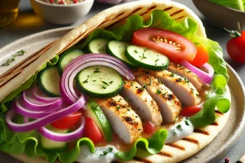 Töltött „Minden Bele” pita szendvics friss zöldségekkel és grillezett csirkével