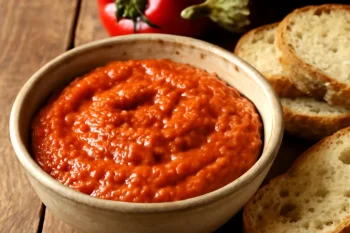 Ajvar cukorral tálalva, friss kenyérrel