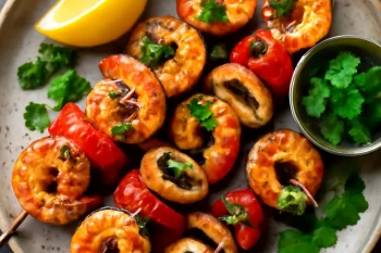 Anticucho de mariscos tengeri étel nyárson, korianderrel és citrommal tálalva