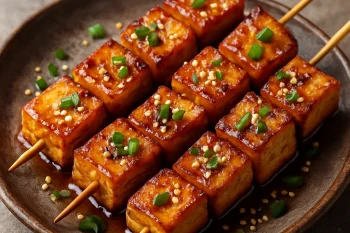 Atsuage tofu yakitori nyársra húzva, szezámmal és zöldhagymával tálalva